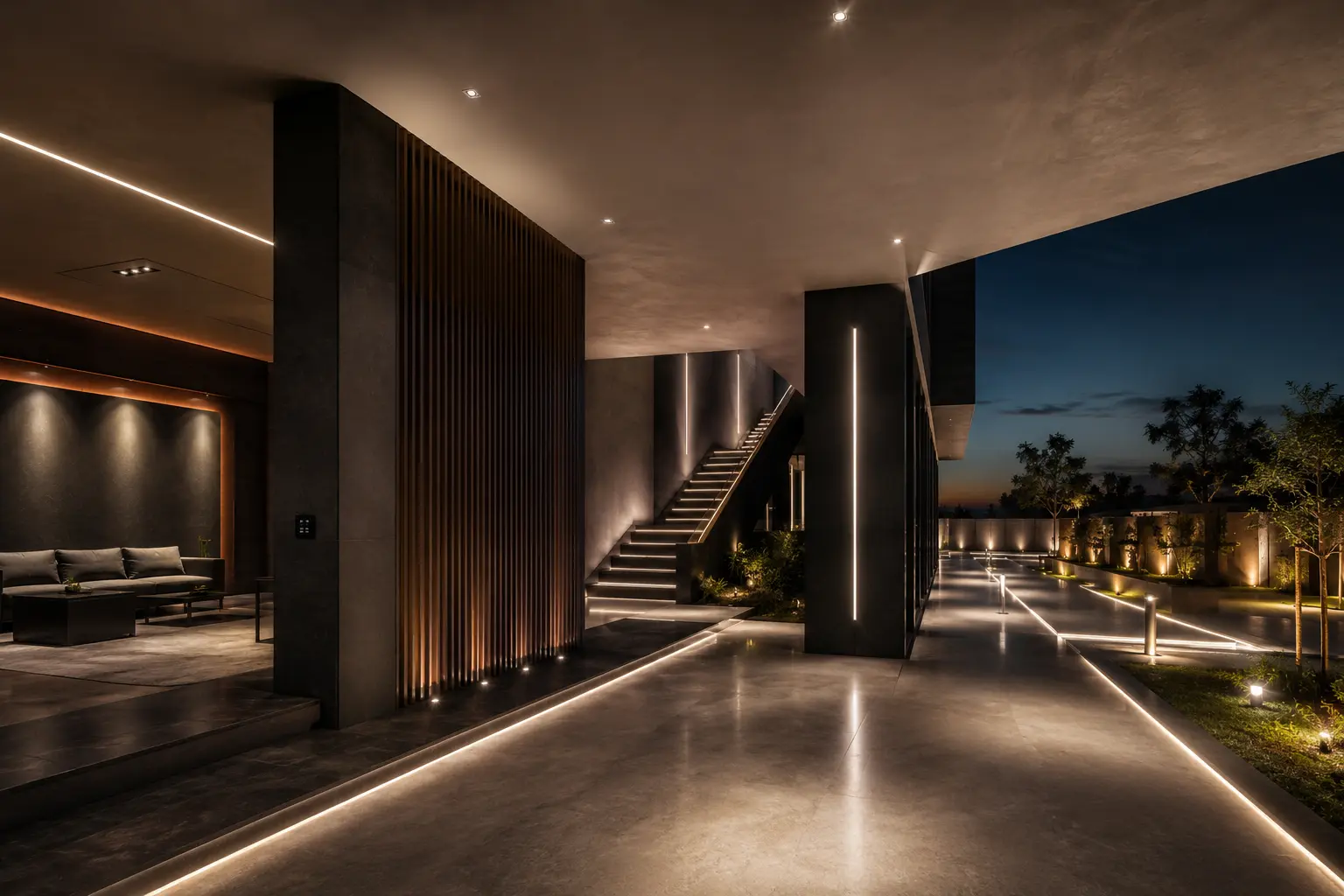 Akıllı aydınlatma sistemleriyle donatılmış modern mimari mekân